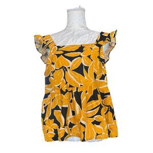 Who What Wear Linen Blend Black Floral Ruffle Sleeve Top Large